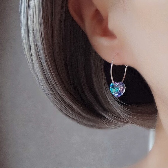 Any 2/$20! Silver Hoops w/Blue & Purple Iridescent Crystal Hearts Earrings - Picture 3 of 8